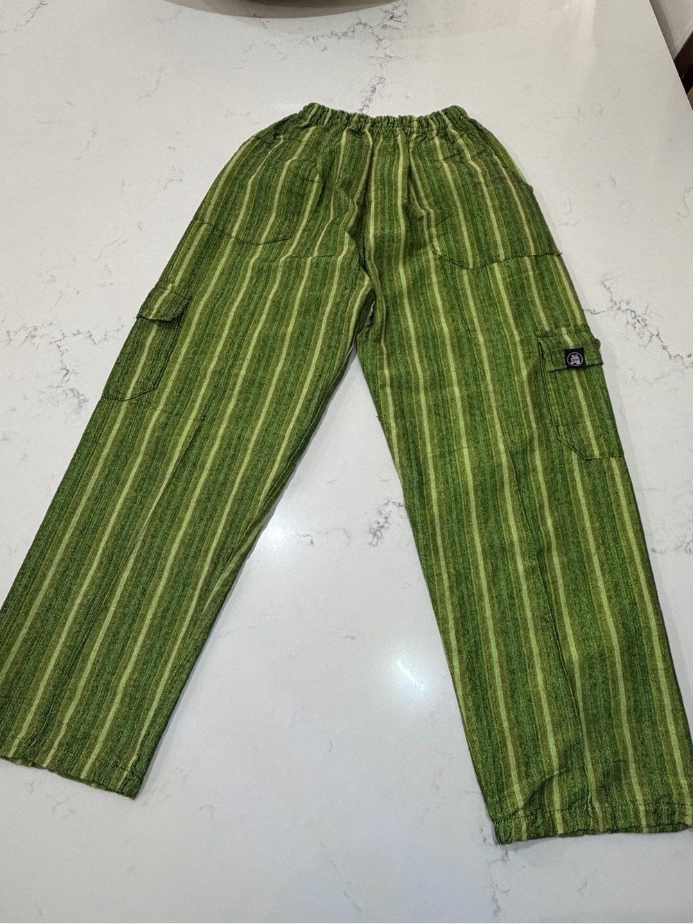 Boho Green Striped Cargo Pants Elastic Waist Medium Peru